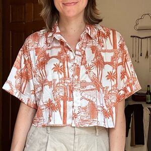 Cropped orange & white patterned satin button down shirt from Forever 21